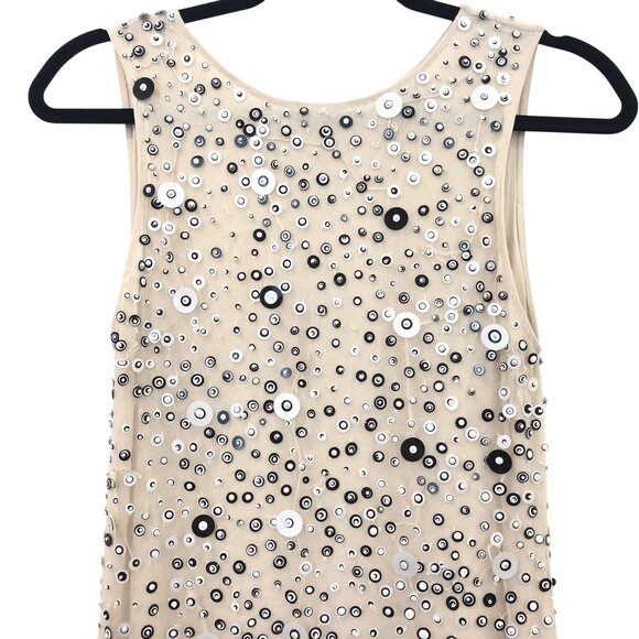 Alice + Olivia XS Beige Sleeveless Beaded Sequin Mini Dress Sheer Back Zipper - Picture 5 of 9